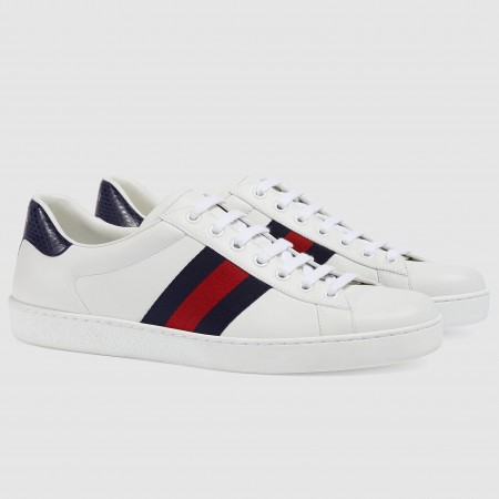 Gucci Men's Ace Sneakers in White Leather with Blue & Red Web