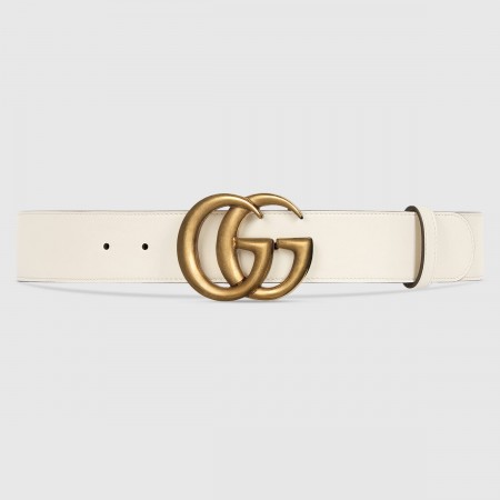 Gucci White Leather Belt 38MM with Antiqued Brass Double G Buckle