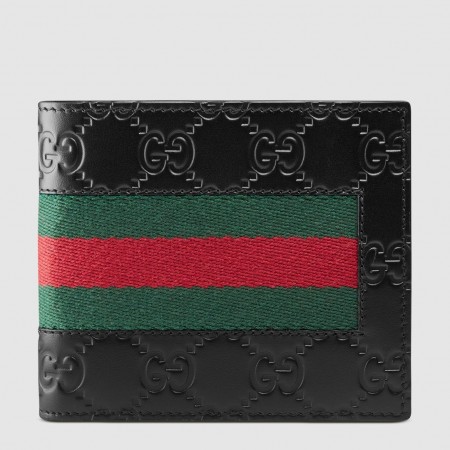 Gucci Bi-fold Wallet In Black Signature Leather with Web