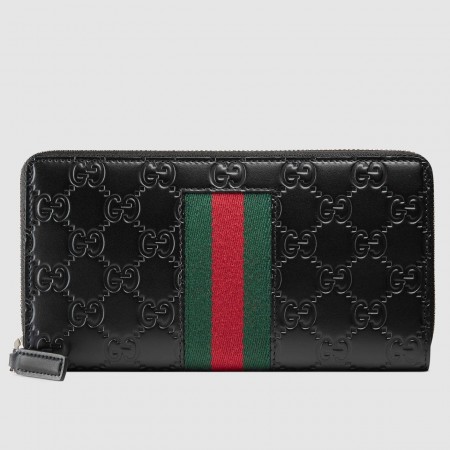 Gucci Zip Around Wallet in Black Signature Leather with Web