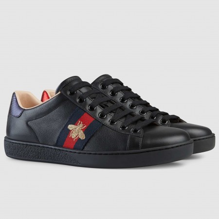 Gucci Women's Ace Sneakers in Black Leather with Bee