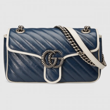 Gucci GG Marmont Small Shoulder Bag in Blue Diagonal Leather