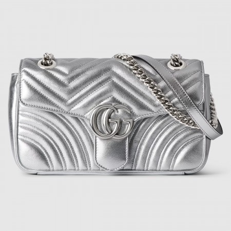 Gucci GG Marmont Small Shoulder Bag in Metallic Silver Leather