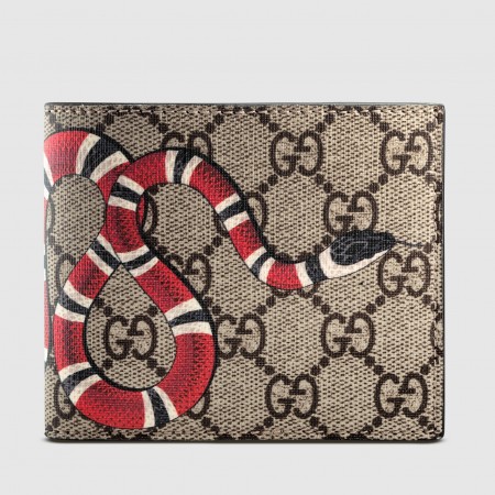 Gucci Bi-fold Wallet In Beige Kingsnake Print GG Supreme Canvas