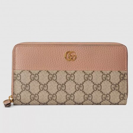 Gucci GG Marmont Zip Around Wallet in GG Supreme with Pink Leather