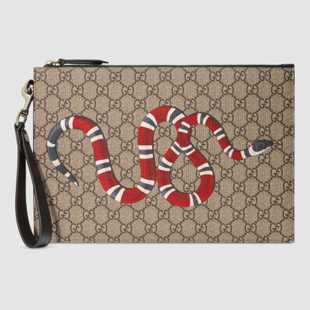 Gucci Portfolio Pouch in Beige GG Supreme with Kingsnake Print