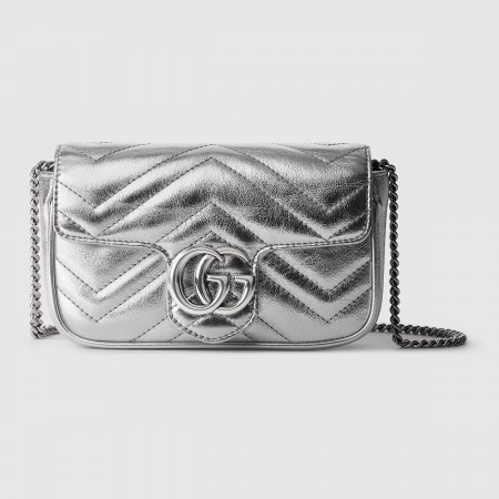 Gucci GG Marmont Super Mini Bag in Silver Metallic Leather