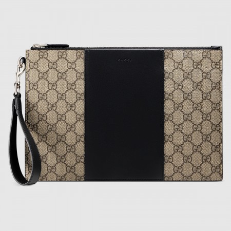 Gucci Portfolio Pouch in Beige GG Supreme Canvas with Leather