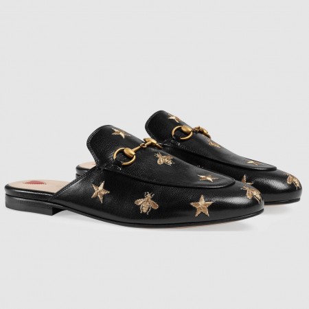 Gucci Women's Princetown Slippers in Black Leather with Bees and Stars