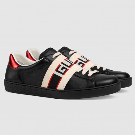 Gucci Men's Elastic Stripe Sneakers in Black Leather
