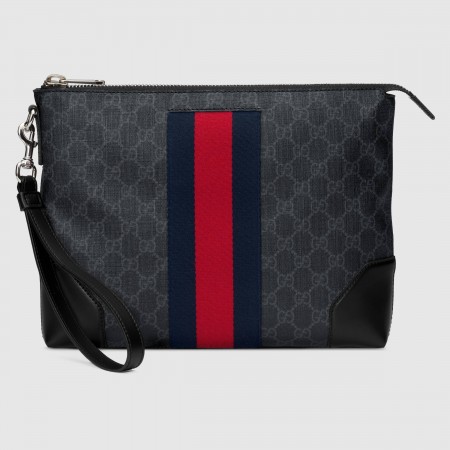 Gucci Portfolio Pouch in Black GG Canvas with Web