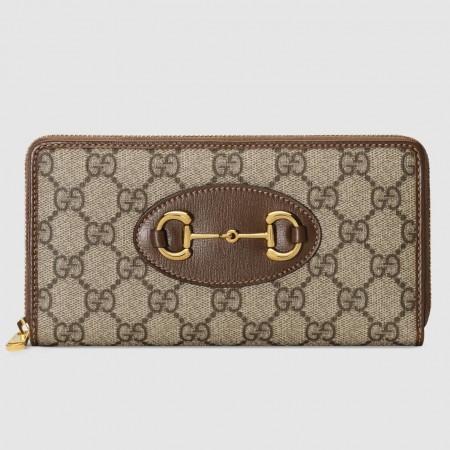 Gucci Horsebit 1955 Zip Around Wallet in GG Supreme with Brown Leaher