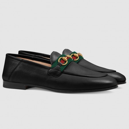 Gucci Women's Foldable Slim Horsebit Loafers in Black Leather with Web