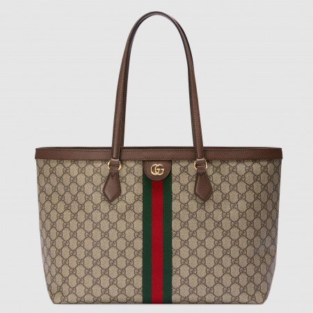Gucci Ophidia GG Medium Tote Bag in GG Canvas with Brown Leather