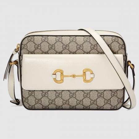 Gucci Horsebit 1955 Small Shoulder Bag in GG Canvas with White Leather