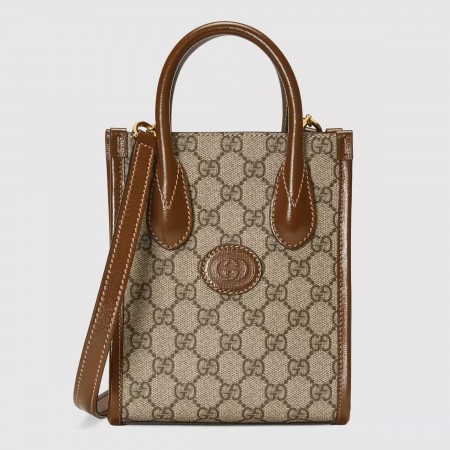 Gucci Mini Tote Bag in Beige GG Supreme Canvas with Brown Leather