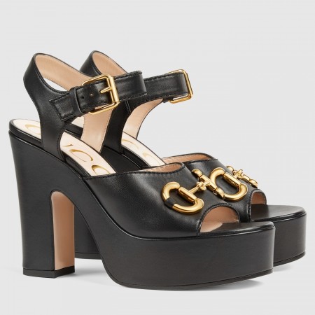 Gucci Platform Horsebit Sandals 120mm in Black Leather