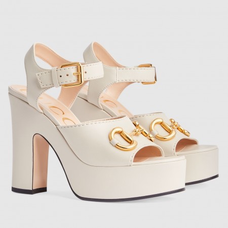 Gucci Platform Horsebit Sandals 120mm in White Leather