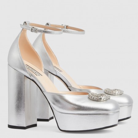 Gucci Platform Pumps in Silver Metallic Lether with Crystals G