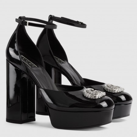 Gucci Platform Pumps in Black Patent Lether with Crystals G