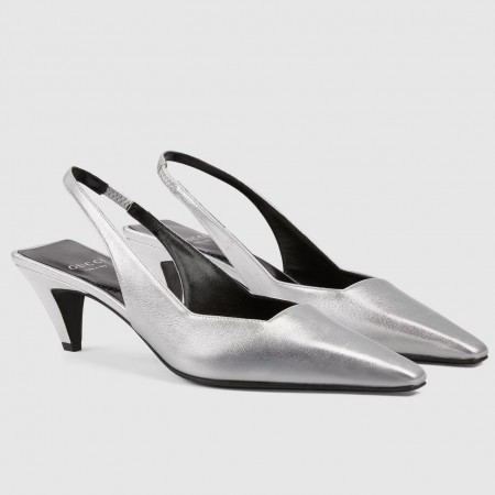 Gucci Slingback Pumps 55mm in Silver Metallic Leather