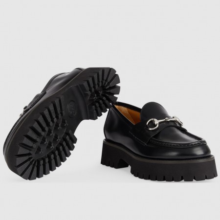 Gucci Women's Horsebit Loafers in Noir Leather with Lug Sole