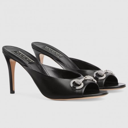 Gucci Horsebit Slide Sandals 85mm in Black Leather with Crystals