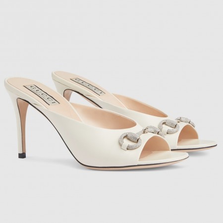 Gucci Horsebit Slide Sandals 85mm in White Leather with Crystals