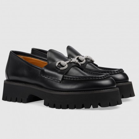 Gucci Women's Lug Sole Loafers in Black Leather with Crystals Horsebit 