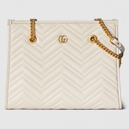 Gucci GG Marmont Medium Tote in White Chevron Calfskin