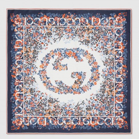 Gucci Interlocking G Floral Shawl in Blue Cashmere