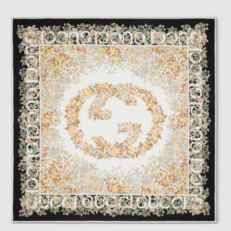 Gucci Interlocking G Floral Shawl in Black/Beige Cashmere