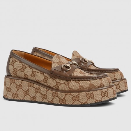 Gucci Women's Horsebit Wedge Loafers in Beige GG Canvas
