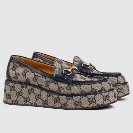 Gucci Women's Horsebit Wedge Loafers in Blue GG Canvas