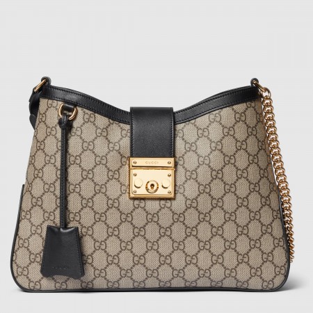 Gucci Padlock Medium Shoulder Bag in GG Canvas with Black Calfskin