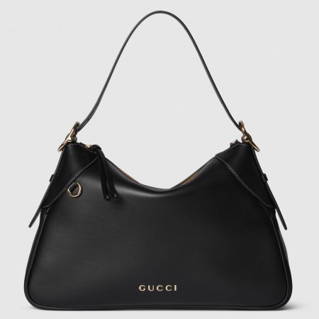 Gucci GG Emblem Medium Shoulder Bag in Black Calfskin
