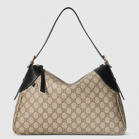 Gucci GG Emblem Medium Shoulder Bag in Beige GG Canvas with Black Leather