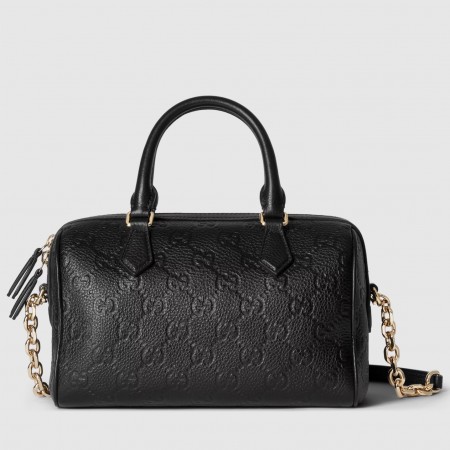 Gucci GG Emblem Small Top Handle Bag in Black GG Grainy Leather