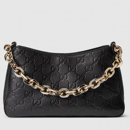 Gucci GG Emblem Small Shoulder Bag in Black GG Grained Leather
