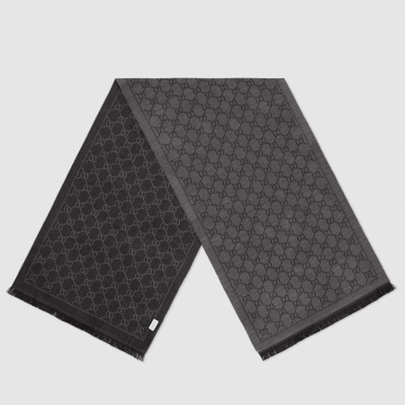 Gucci Double GG Jacquard Wool Scarf in Grey and Black