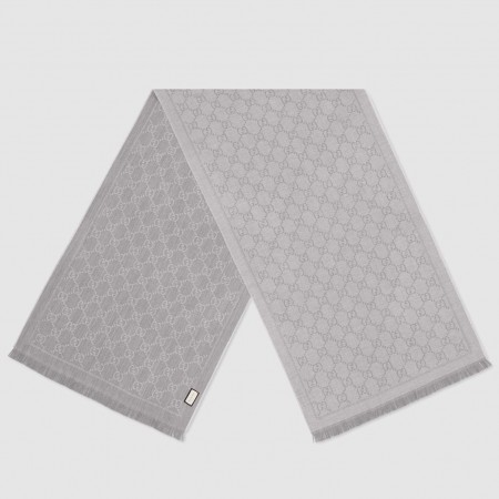Gucci Double GG Jacquard Wool Scarf in Silver and Grey