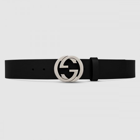 Gucci Black Leather Belt 38MM with Silver Interlocking G Buckle 