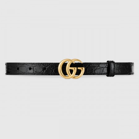 Gucci GG Marmont Thin Belt 20MM in Black Embossed Crocodile Leather