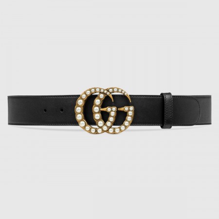 Gucci Pearl Double G Belt 38MM in Black Leather