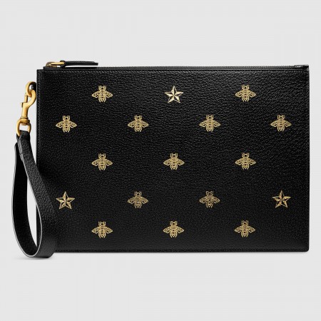 Gucci Portfolio Pouch in Black Leather with Bee and Star