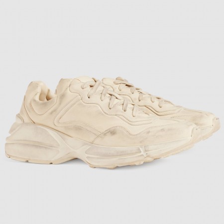 Gucci Men's Rhyton Sneakers in Ivory Distressed Leather