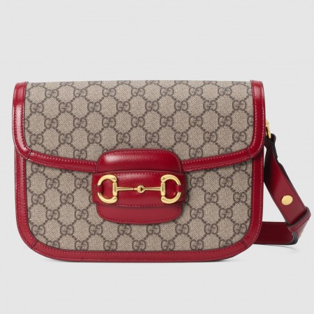 Gucci Horsebit 1955 Shoulder Bag in GG Canvas with Red Leather