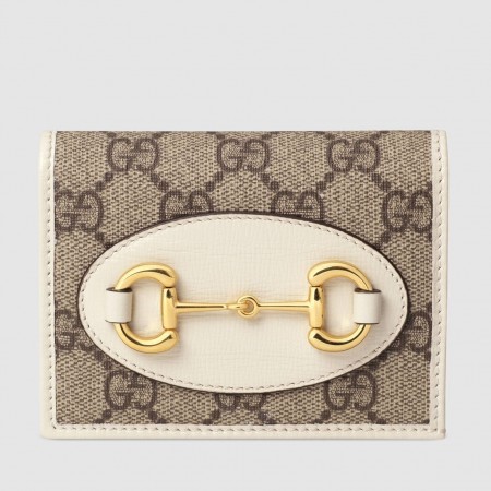 Gucci Horsebit 1955 Card Case Wallet in GG Supreme with White Leaher
