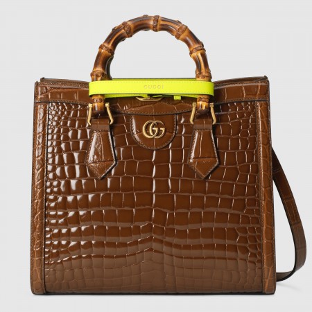 Gucci Diana Small Tote Bag in Brown Croc-embossed Leather
