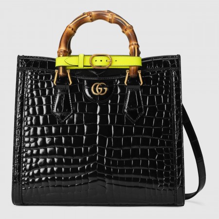 Gucci Diana Small Tote Bag in Black Croc-embossed Leather